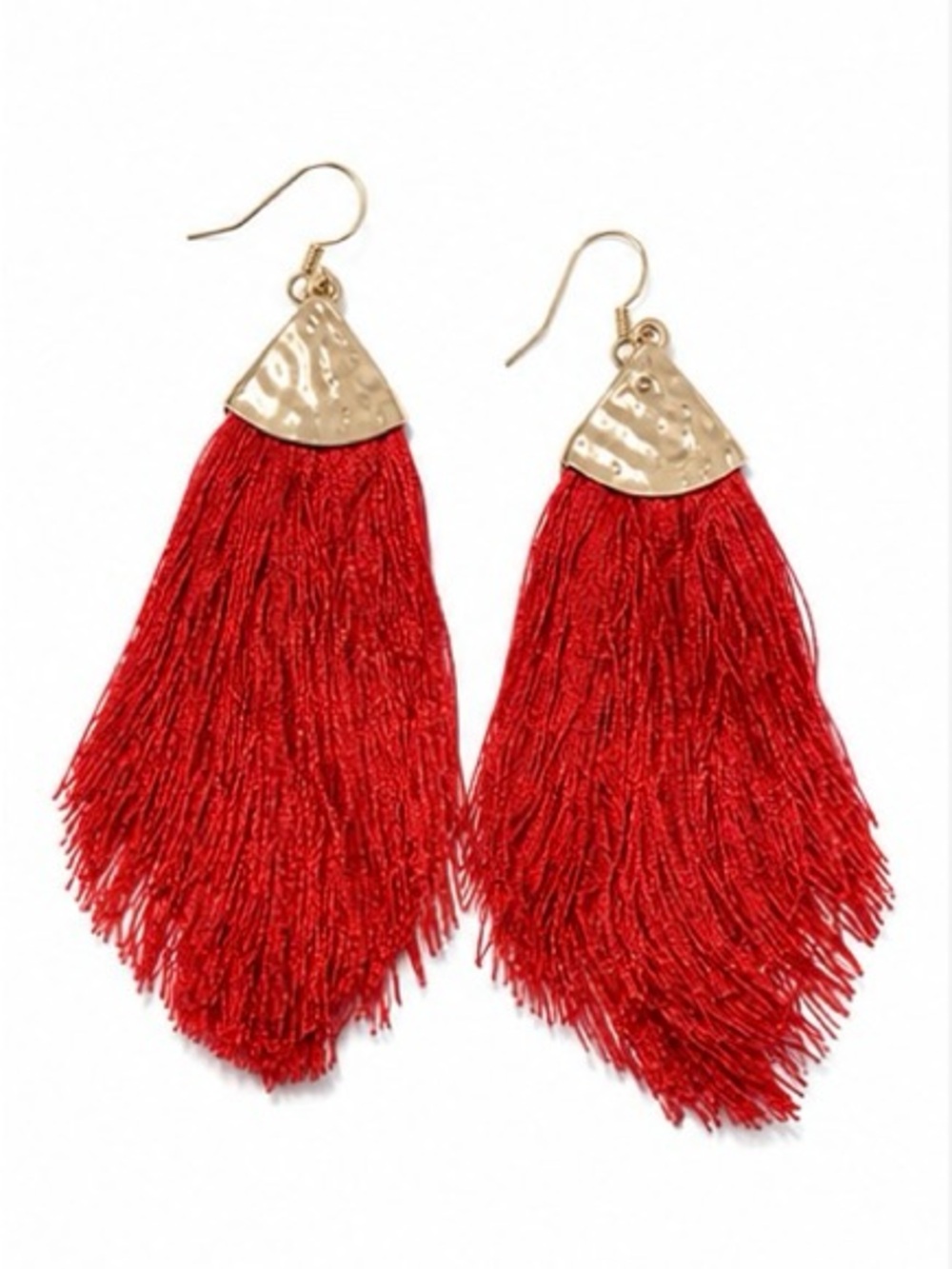 Gold Cap Red Tassel Drop Earrings